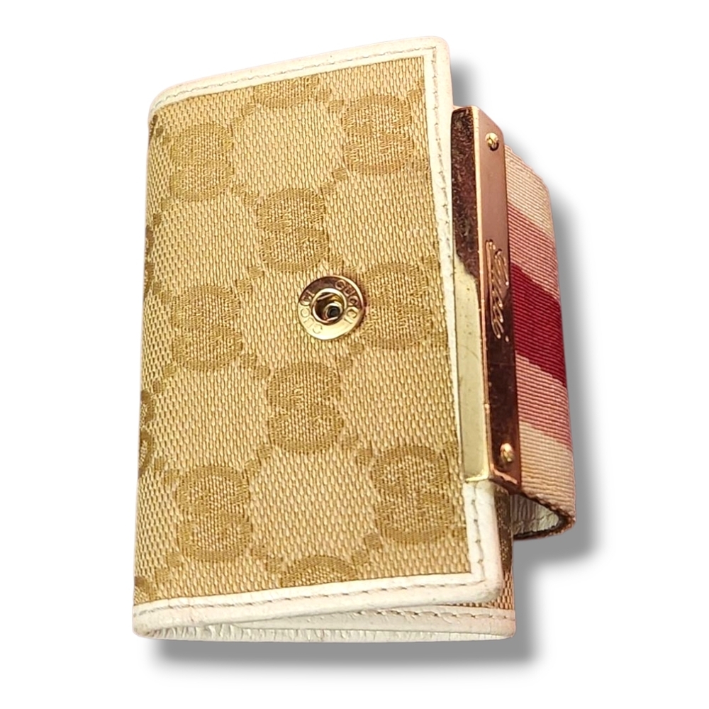 Gucci Signature GG Monogram Sherry Line Cream Red Pink Webbing 6 Key Card Holder - Picture 6 of 14